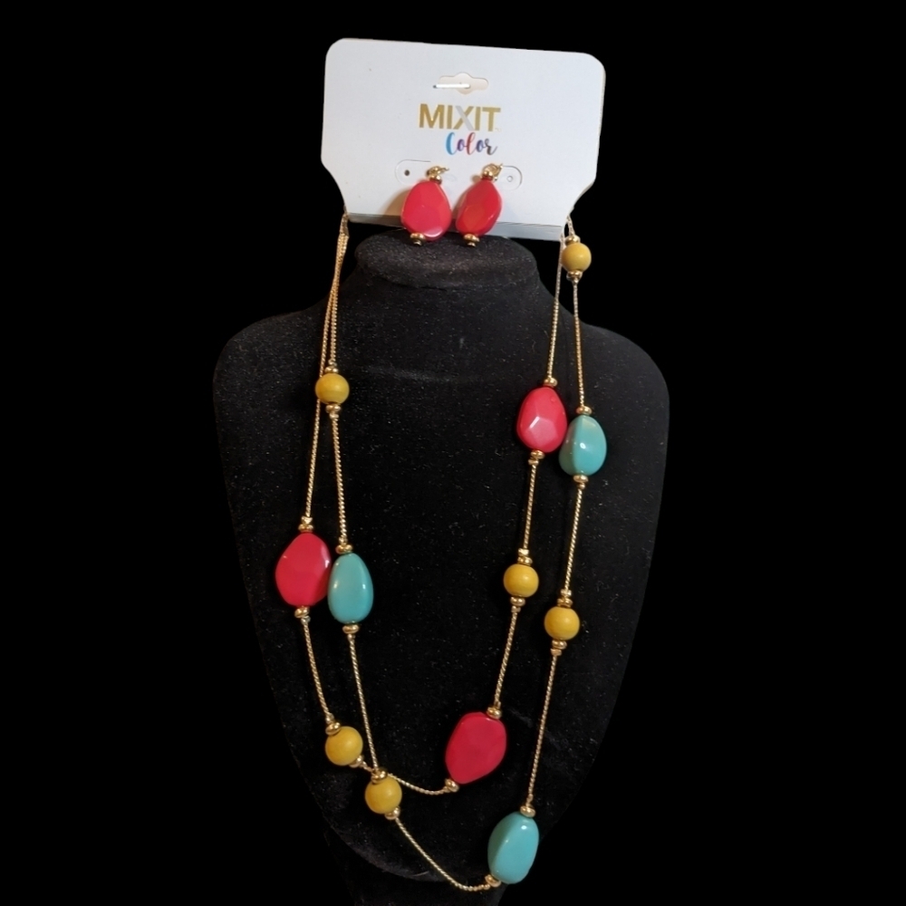 Mixit Gold Tone Multicolor Double Layer Necklace and Earring Set
